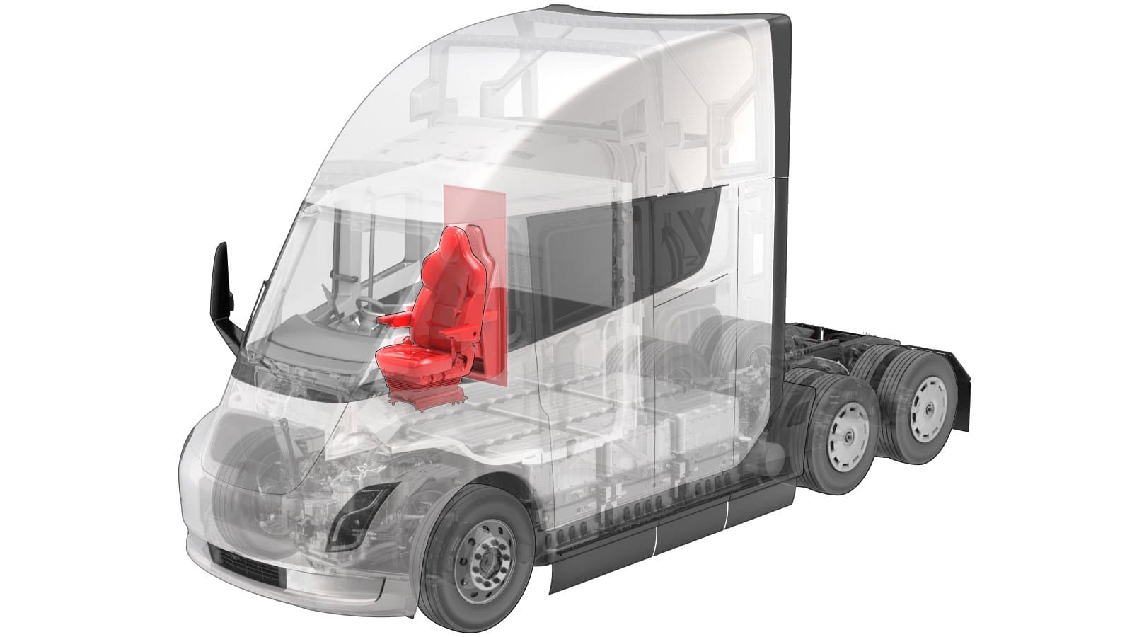 Tesla Semi cabin driver seat with low center of gravity chassis design